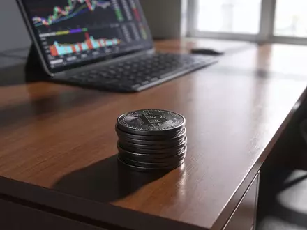 Metallische Kryptowährungstoken auf einem Schreibtisch vor einem unscharfen Finanzterminal. - Foto: über boerse-global.de