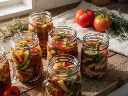 Glasgefäße mit eingemachtem Gemüse und fermentierten Lebensmitteln auf einem hölzernen Küchentisch bei natürlichem Licht. - Foto: über boerse-global.de