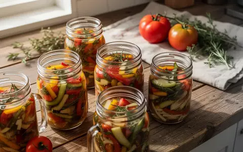 Glasgefäße mit eingemachtem Gemüse und fermentierten Lebensmitteln auf einem hölzernen Küchentisch bei natürlichem Licht. - Foto: über boerse-global.de