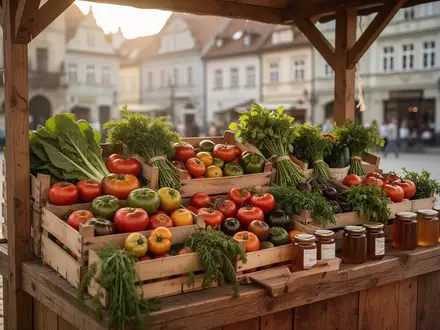 Frisches Gemüse und regionale Produkte auf einem hölzernen Marktstand in einer historischen Innenstadt. - Foto: über boerse-global.de