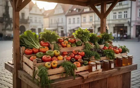 Frisches Gemüse und regionale Produkte auf einem hölzernen Marktstand in einer historischen Innenstadt. - Foto: über boerse-global.de