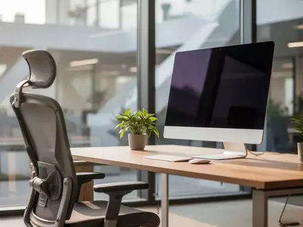 Ein minimalistischer, moderner Arbeitsplatz mit einem ausgeschalteten Computerbildschirm in einem hellen, ruhigen Büro. - Foto: über boerse-global.de