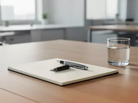 Ein minimalistischer, aufgeräumter Schreibtisch mit einem Notizbuch und einem Füller in hellem, natürlichem Tageslicht. - Foto: über boerse-global.de