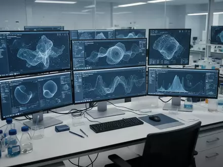 Moderner wissenschaftlicher Arbeitsplatz mit Monitoren, die komplexe Datenvisualisierungen in einem Labor zeigen. - Foto: über boerse-global.de