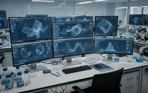 Moderner wissenschaftlicher Arbeitsplatz mit Monitoren, die komplexe Datenvisualisierungen in einem Labor zeigen. - Foto: über boerse-global.de