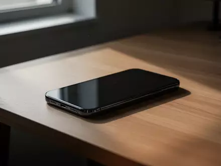 Ein dunkles Smartphone liegt auf einem hölzernen Schreibtisch in einem dezent beleuchteten Raum. - Foto: über boerse-global.de