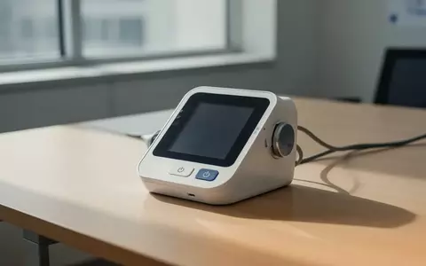 Ein digitales Blutdruckmessgerät steht auf einem schlichten Holztisch in einer hellen, modernen Umgebung. - Foto: über boerse-global.de