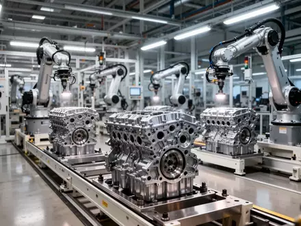 Ein modernes, aufgeräumtes Motorenwerk von Volkswagen mit automatisierten Fertigungsstraßen und präzisen Maschinen. - Foto: über boerse-global.de