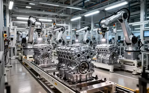 Ein modernes, aufgeräumtes Motorenwerk von Volkswagen mit automatisierten Fertigungsstraßen und präzisen Maschinen. - Foto: über boerse-global.de