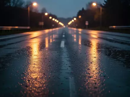 Leere, regennasse Asphaltstraße bei Dämmerung mit atmosphärischer Straßenbeleuchtung im Hintergrund. - Foto: über boerse-global.de