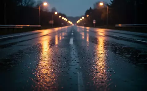 Leere, regennasse Asphaltstraße bei Dämmerung mit atmosphärischer Straßenbeleuchtung im Hintergrund. - Foto: über boerse-global.de