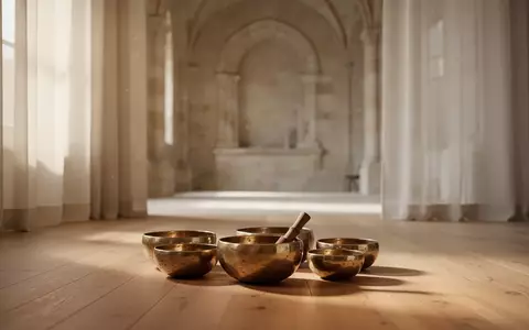 Klangschalen auf einem Holzboden in einem lichtdurchfluteten, ruhigen Raum mit historischen Architekturdetails. - Foto: über boerse-global.de