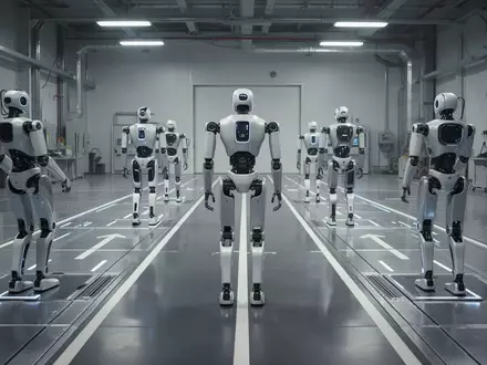 Mehrere humanoide Roboter stehen auf einer Teststrecke in einer modernen Industriehalle. - Foto: über boerse-global.de