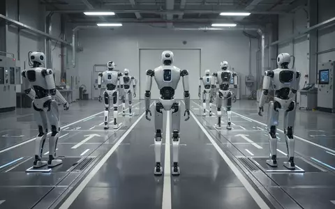Mehrere humanoide Roboter stehen auf einer Teststrecke in einer modernen Industriehalle. - Foto: über boerse-global.de