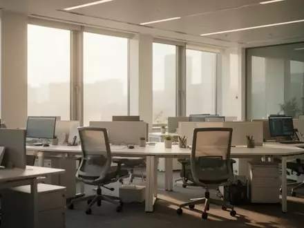 Ein modernes, leeres Büro mit ergonomischen Schreibtischen und hellem Tageslicht, das eine professionelle Arbeitsumgebung symbolisiert. - Foto: über boerse-global.de