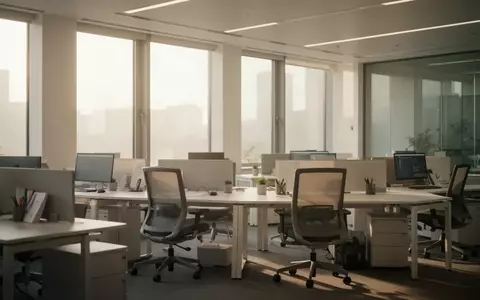 Ein modernes, leeres Büro mit ergonomischen Schreibtischen und hellem Tageslicht, das eine professionelle Arbeitsumgebung symbolisiert. - Foto: über boerse-global.de