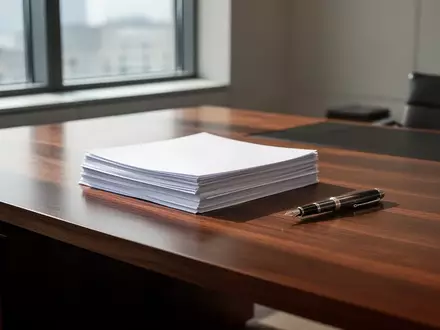 Ein aufgeräumter Schreibtisch mit einem Stapel Akten und einem Füllfederhalter in einem modernen, hellen Büro. - Foto: über boerse-global.de