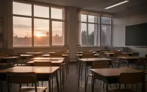 Ein leerer, sonnendurchfluteter Klassenraum mit ordentlich aufgestellten Schulbänken und Stühlen. - Foto: über boerse-global.de