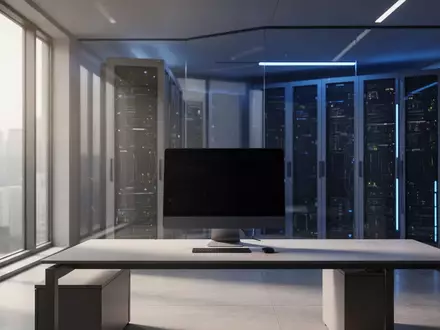 Ein modernes, minimalistisches Büro mit einem leeren Schreibtisch und einem ausgeschalteten Monitor vor einer Serverraum-Kulisse. - Foto: über boerse-global.de