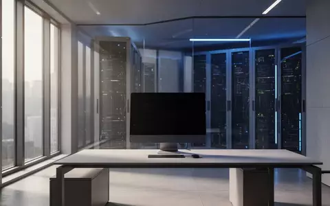 Ein modernes, minimalistisches Büro mit einem leeren Schreibtisch und einem ausgeschalteten Monitor vor einer Serverraum-Kulisse. - Foto: über boerse-global.de