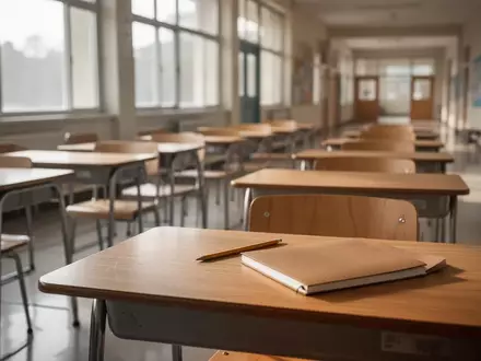 Ein leerer Klassenraum mit Holztischen und Stühlen in natürlichem Tageslicht, ohne elektronische Geräte. - Foto: über boerse-global.de