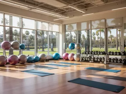 Ein heller, moderner Sportraum in einem Gemeindezentrum in San Diego mit Yogamatten und Fitnessgeräten vor großen Fenstern. - Foto: über boerse-global.de