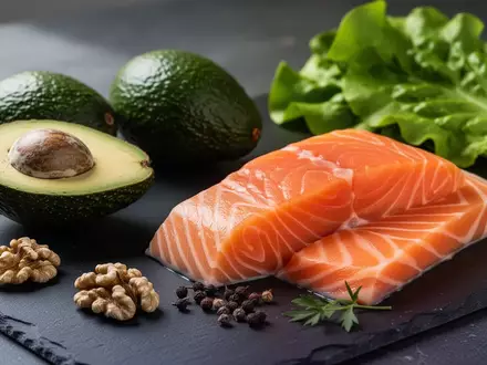 Frische, gesunde Lebensmittel wie Avocados, Walnüsse und Lachs auf einer dunklen Steinplatte angerichtet. - Foto: über boerse-global.de