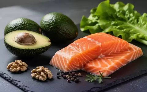 Frische, gesunde Lebensmittel wie Avocados, Walnüsse und Lachs auf einer dunklen Steinplatte angerichtet. - Foto: über boerse-global.de
