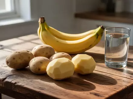 Ein Holztisch mit rohen Kartoffeln und Bananen als Nährstoffquellen zur Vorbereitung auf sportliche Ausdauerbelastungen. - Foto: über boerse-global.de