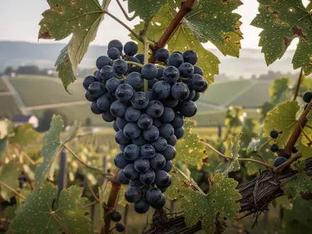Reife dunkle Weintrauben an einem Weinstock in einem sonnendurchfluteten Weinberg bei der Ernte. - Foto: über boerse-global.de