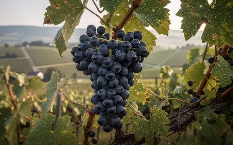 Reife dunkle Weintrauben an einem Weinstock in einem sonnendurchfluteten Weinberg bei der Ernte. - Foto: über boerse-global.de