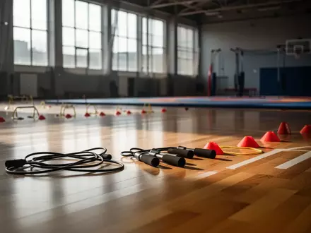 Leere moderne Sporthalle mit Sportgeräten auf dem Boden und einfallendem Tageslicht. - Foto: über boerse-global.de