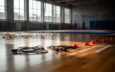 Leere moderne Sporthalle mit Sportgeräten auf dem Boden und einfallendem Tageslicht. - Foto: über boerse-global.de