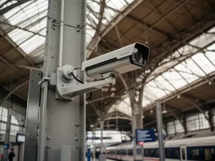 Überwachungskamera an einer Säule in einem modernen Bahnhofsgebäude. - Foto: über boerse-global.de