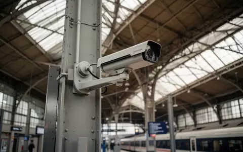 Überwachungskamera an einer Säule in einem modernen Bahnhofsgebäude. - Foto: über boerse-global.de