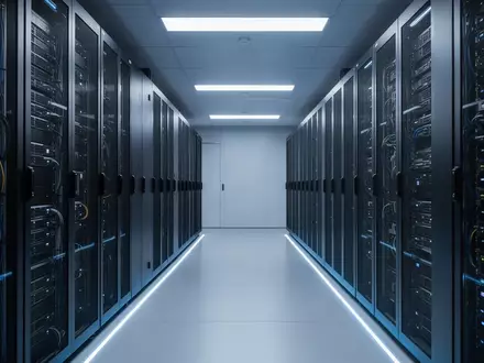 Modernes Rechenzentrum mit dunklen Server-Racks in einer minimalistischen, blau beleuchteten Umgebung. - Foto: über boerse-global.de