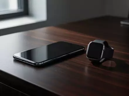 Ein modernes Smartphone und eine Smartwatch liegen auf einem dunklen Schreibtisch in einem Büro mit natürlichem Licht. - Foto: über boerse-global.de