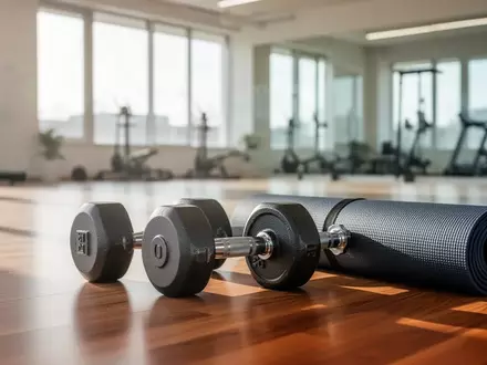 Ein Paar Kurzhanteln und eine aufgerollte Yogamatte auf einem Holzboden in einem hellen, modernen Fitnessstudio. - Foto: über boerse-global.de