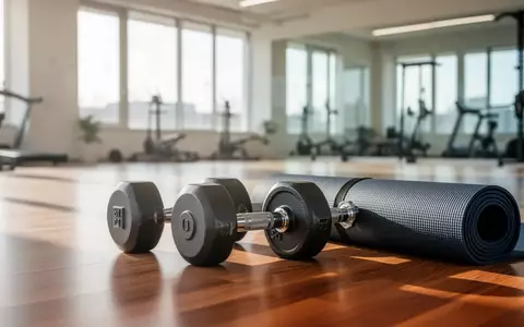 Ein Paar Kurzhanteln und eine aufgerollte Yogamatte auf einem Holzboden in einem hellen, modernen Fitnessstudio. - Foto: über boerse-global.de
