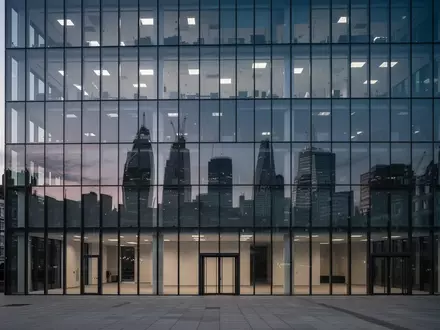 Moderne Glasfassade eines Bürogebäudes in London bei Dämmerung, das die Skyline reflektiert. - Foto: über boerse-global.de