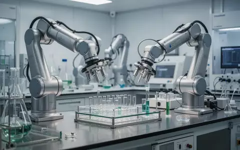 Hochmoderne Laborausstattung mit automatisierten Roboterarmen und präzisen Forschungsgeräten in einer sterilen Umgebung. - Foto: über boerse-global.de