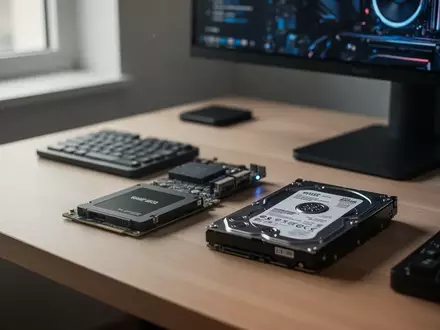 Nahaufnahme von Computer-Speichermedien auf einem modernen Schreibtisch zur Symbolisierung von Festplattenoptimierung. - Foto: über boerse-global.de
