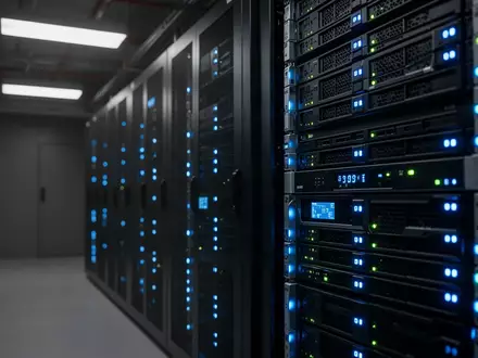 Modernes Server-Rechenzentrum mit blau leuchtenden LED-Anzeigen an Hardware-Racks in einer professionellen Umgebung. - Foto: über boerse-global.de
