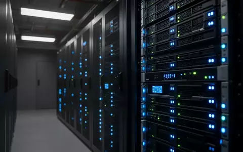 Modernes Server-Rechenzentrum mit blau leuchtenden LED-Anzeigen an Hardware-Racks in einer professionellen Umgebung. - Foto: über boerse-global.de