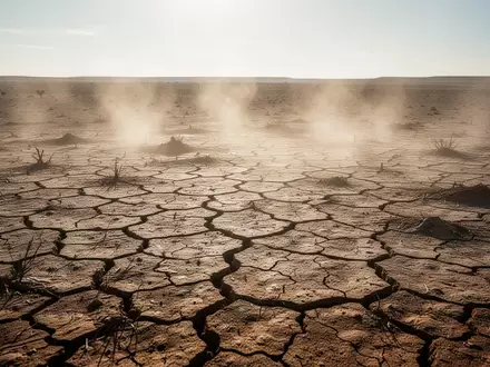 Trockener, rissiger Erdboden in einer von Hitzestress geprägten, sonnendurchfluteten Landschaft. - Foto: über boerse-global.de