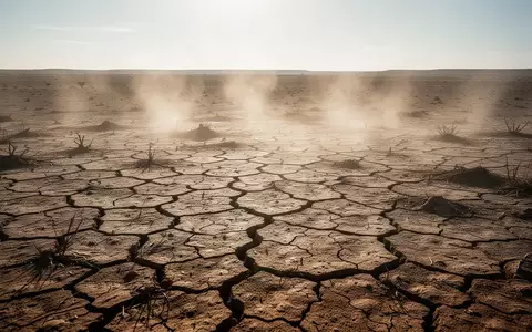 Trockener, rissiger Erdboden in einer von Hitzestress geprägten, sonnendurchfluteten Landschaft. - Foto: über boerse-global.de