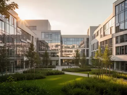 Moderne Architektur des Universitätsklinikums Münster in der Abendsonne mit einer gepflegten Außenanlage. - Foto: über boerse-global.de