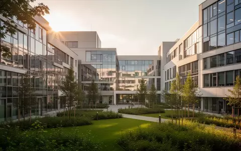 Moderne Architektur des Universitätsklinikums Münster in der Abendsonne mit einer gepflegten Außenanlage. - Foto: über boerse-global.de