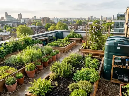 Ein moderner Dachgarten mit üppiger Bepflanzung und einem Bewässerungssystem für nachhaltiges Wassermanagement. - Foto: über boerse-global.de