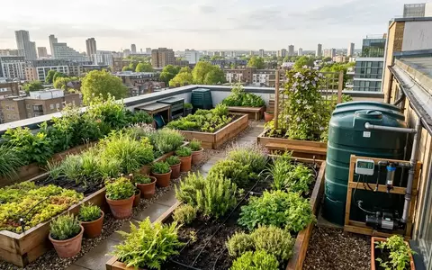 Ein moderner Dachgarten mit üppiger Bepflanzung und einem Bewässerungssystem für nachhaltiges Wassermanagement. - Foto: über boerse-global.de